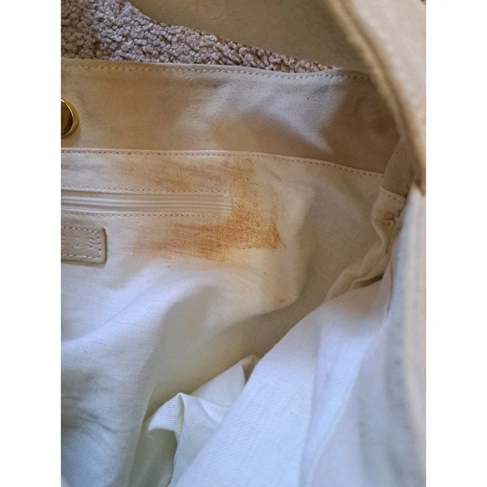 Tweeds Large Ivory Suede Leather Hobo Shoulder‎ Tote Bag Purse Vtg Cotton Lined